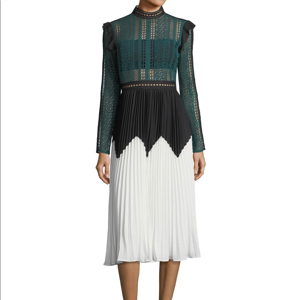Self Portrait Stripe Paneled Lace Midi Dress